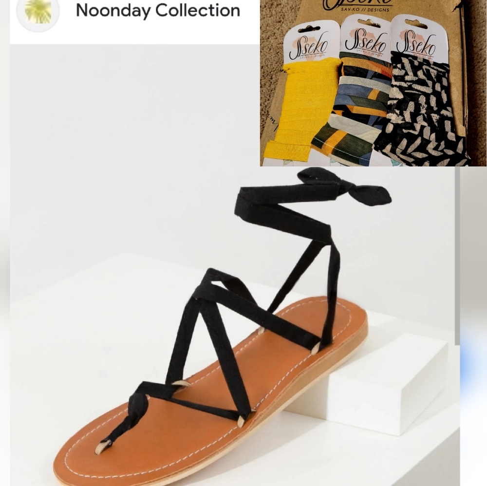 Sseko Black Lace Up Sandals NEW with 4 pairs of ribbons, by Noonday Collection